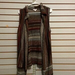 Cato Womens XL Striped Open Front Knit Vest Brown Burgundy Shawl Collar RN37080